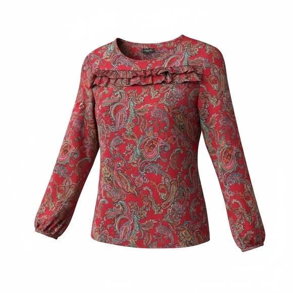 Talbots Tops - Talbots Top Women's Sz MP Long Sleeve Red Paisley Blouse Ruffled Boho Office
